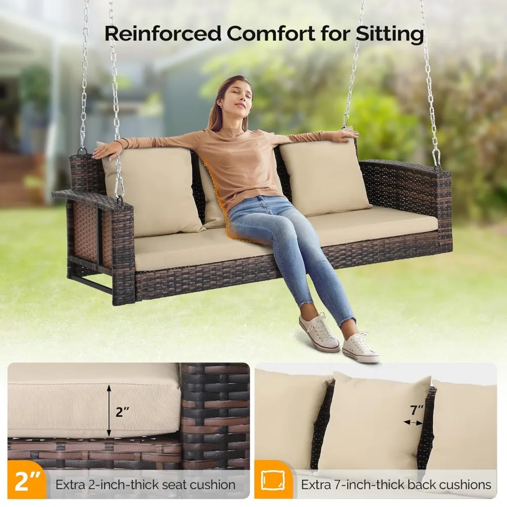 Outdoor Wicker Rattan Hanging Swing Set with Cushions, 5FT Heavy Duty 800 LBS Porch Swing, Customized