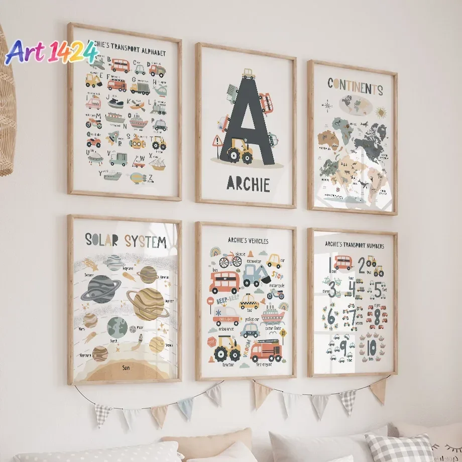 Solar System Continents Car Vehicle Alphabet Wall Art Canvas Painting Cartoon Posters And Prints Pictures Baby Kids Room Deco