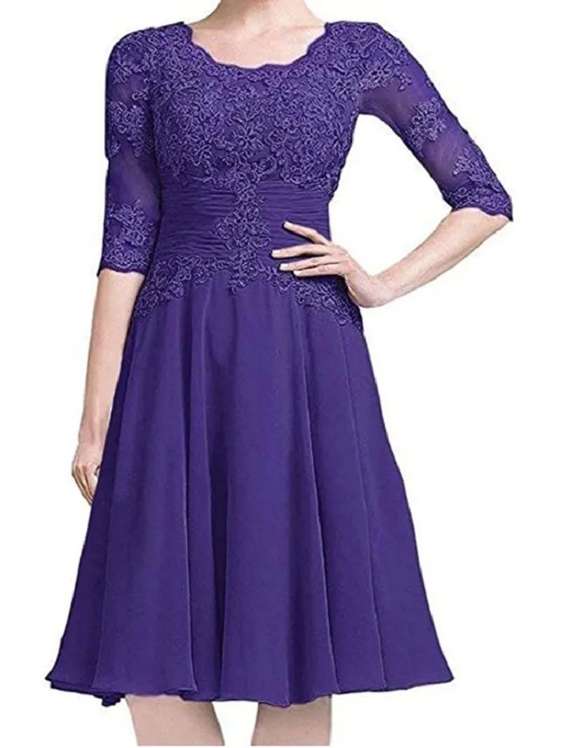 YNQNFS WLD01 The bride's mother's silver round-neck short chiffon wedding banquet dress has a long middle sleeve