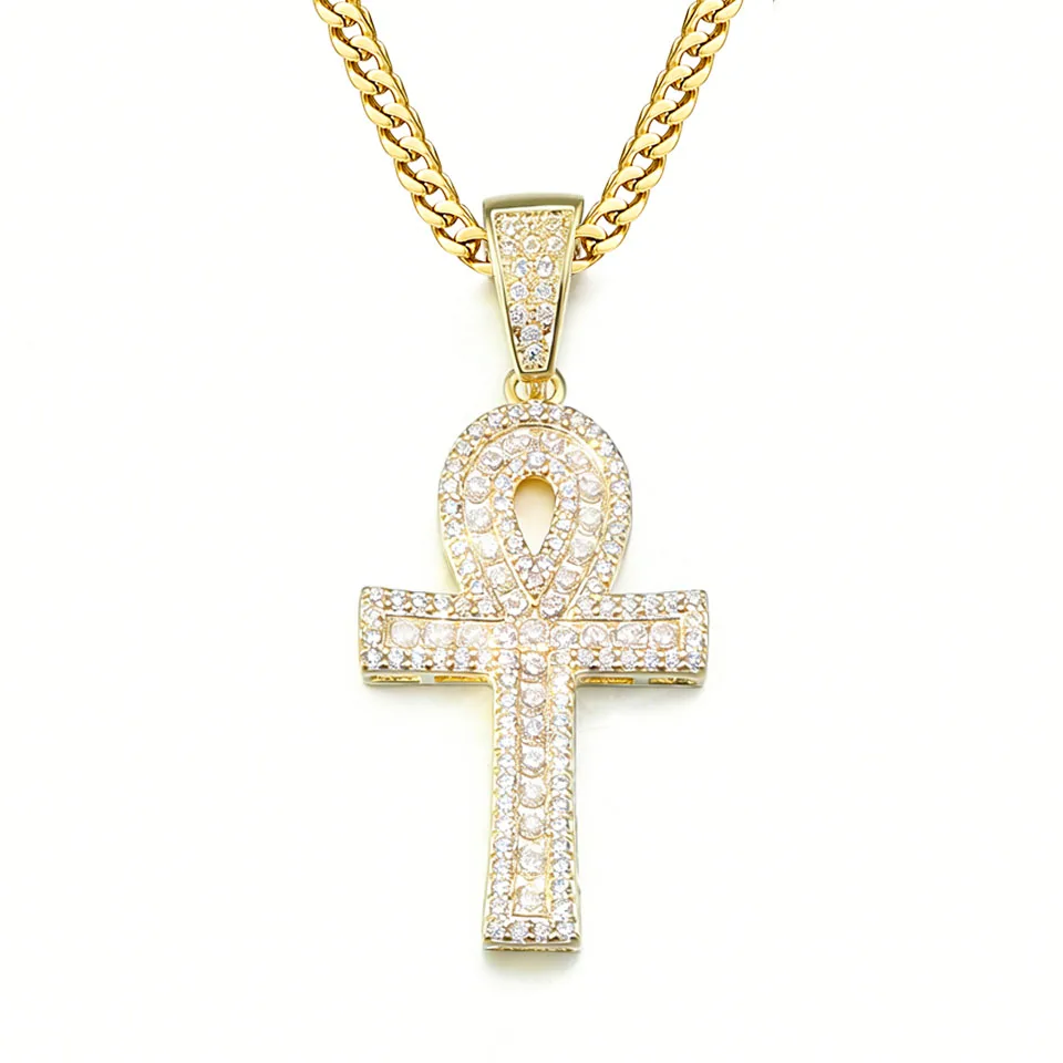 

VANAXIN Hip Hop Iced Out Ankh Cross Pendant Necklace 14K Gold Plated Cubic Zirconia Egyptian Key of Life for Men Women Jewelry
