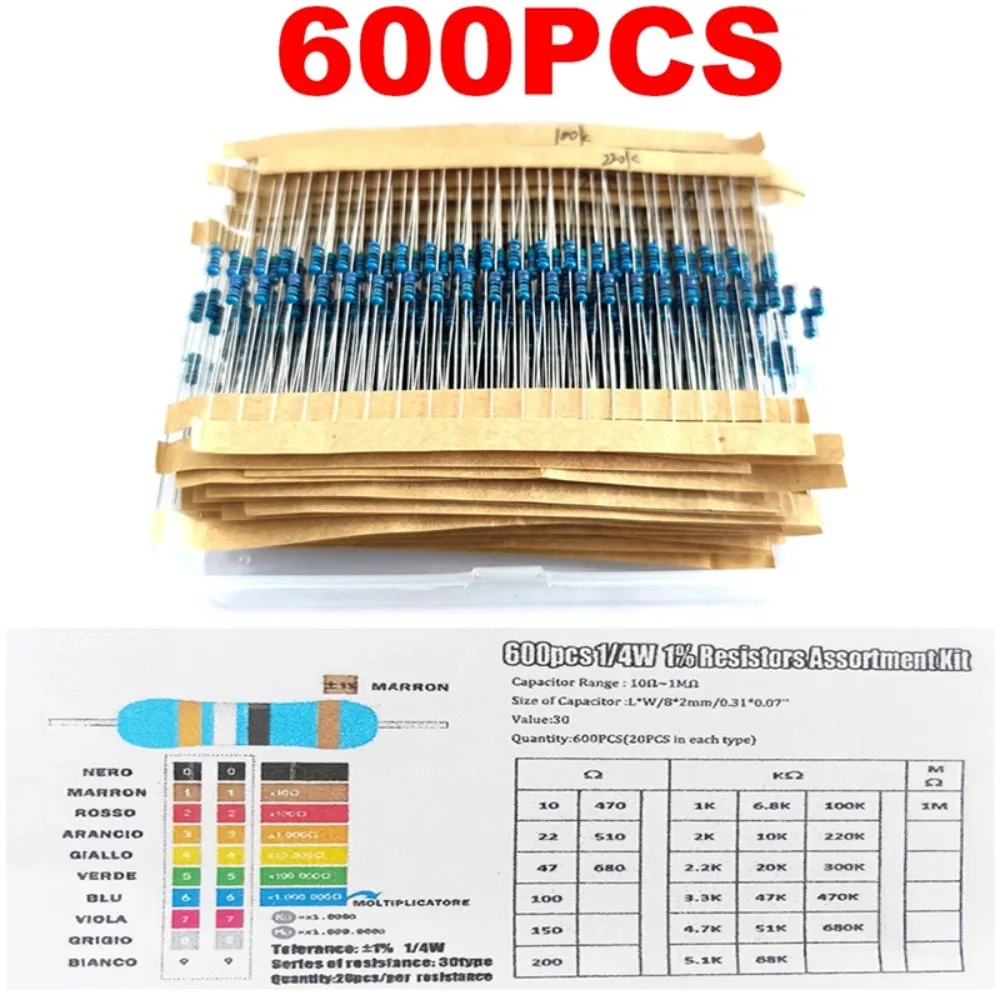 

600pcs 1% Metal Film Resistor Kit 0.25W (1/4W) 30 Values 10Ω-1MΩ, 51Ω 100Ω 1k 10k 100k 1MΩ for Arduino/Repair