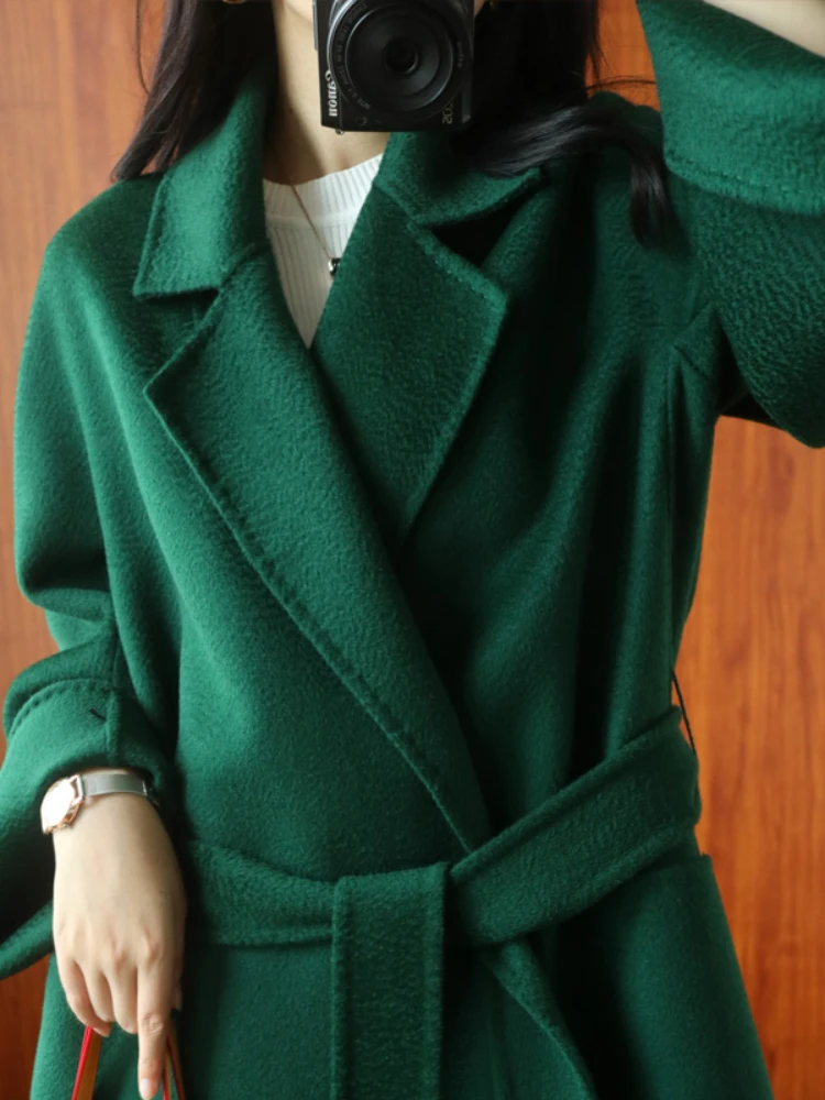 

2023 Simple Double-sided Cashmere Coat Women Mid-length Loose Water Ripple Coat High-end Loose Cashmere Lace-up Tweed Jacket Win