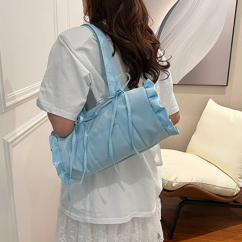 Fresh Sweet Bow Shoulder Bag Fashionable Solid Color Small Popular High end Boston bag Casual Commuting Shoulder Underarm Bag