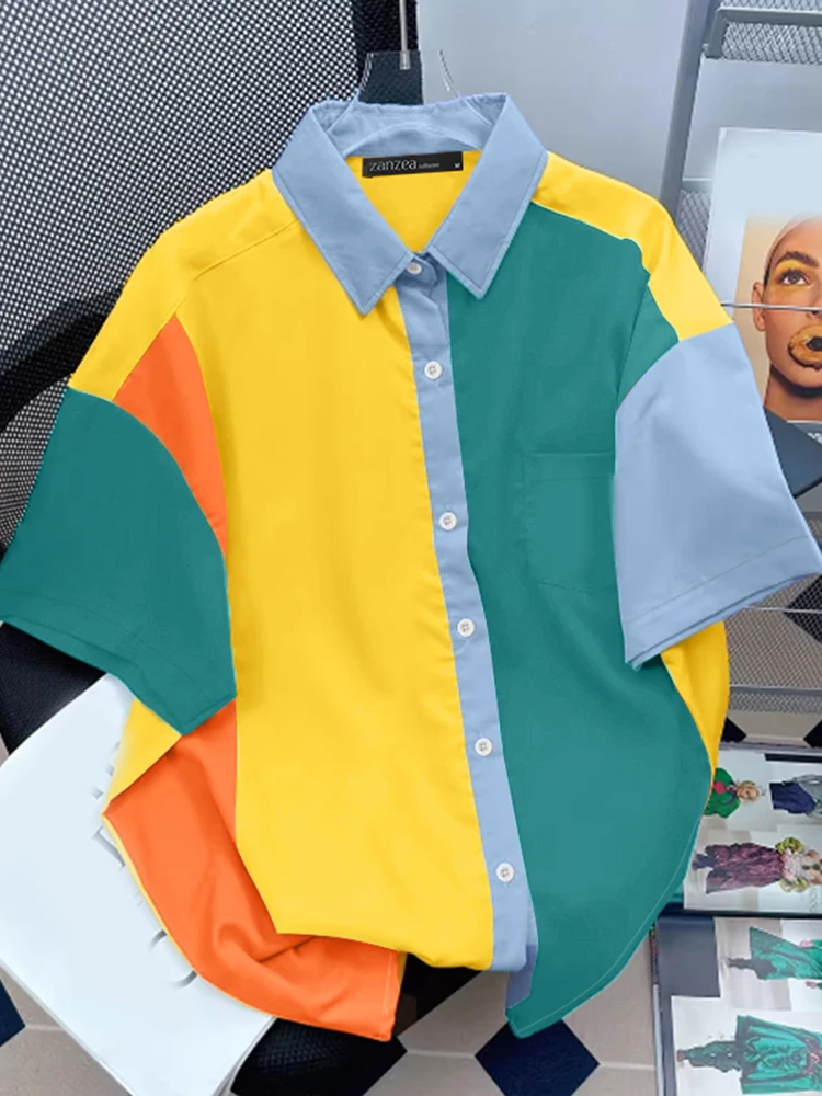 เสื้อเชิ้ตผู้หญิง ZANZEA รุ่นใหม่ล่าสุดประจำปี 2025 เสื้อเบลาส์แขนสั้นลายปะต่อสีตัดกัน คอปก ทรงหลวม ใส่ทำงานได้