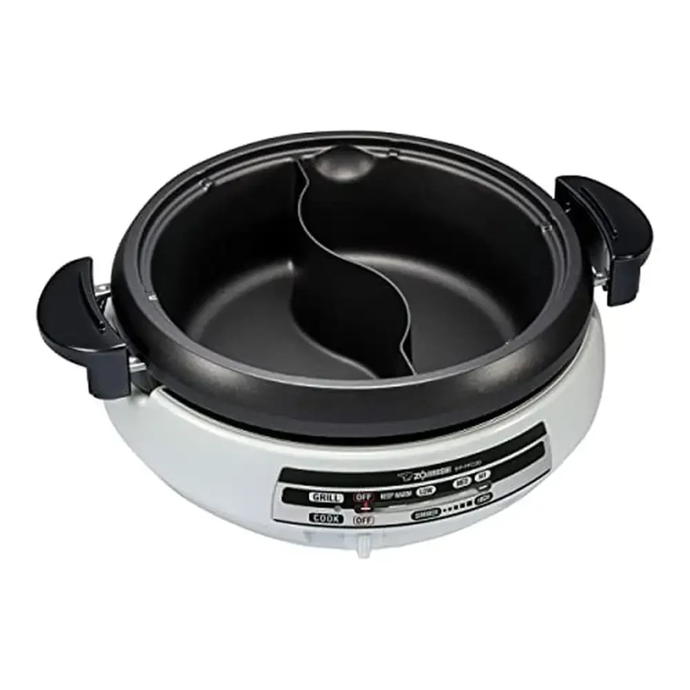 Electric Skillet Hot Pot Yin Yang Divider Grill Pan Nonstick Coated 1,300 Watt Glass Lid Gas Stovetop Compatible Gray Titanium