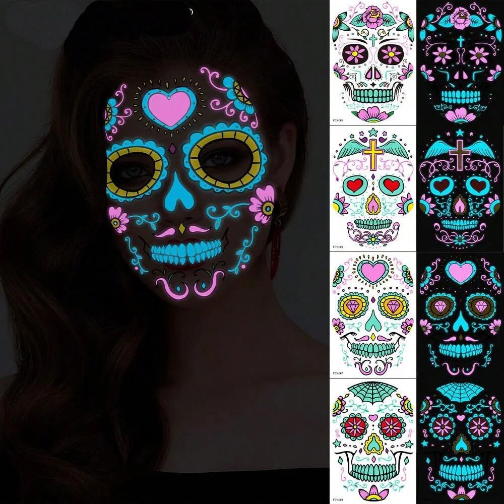

Временные татуировки на лицо, 6 листов, Светящиеся Татуировки, наклейки с черепом из сахара, дневной мертвец, макияж для маскарада и искусства