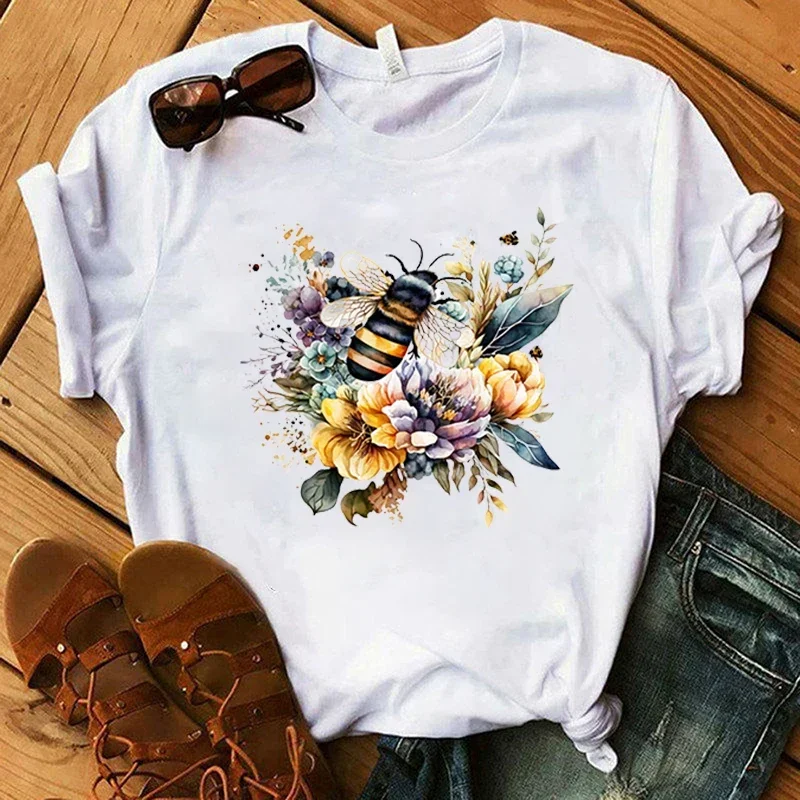 

2024 Fashion Flower Bee Print T-Shirt Girl T Shirt Soft Print Top Unisex Tee Clothing Casual O-Neck Short Sleeve t shirt women