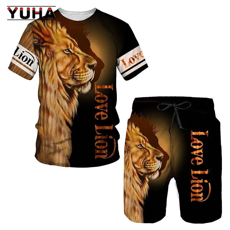 YUHA, Summer Men's Tracksuit Oversized T-shirt Ferocious Lion 3D Printing Men Sets Sweatpants Male Short Sleeve Shorts Vintage C