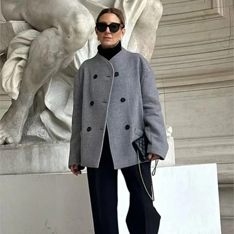 Fashion Solid Color Woolen Coat For Women Elegant Long Sleeve Warm Stand Collar Loose Coat 2024 New Women's Street Jacket