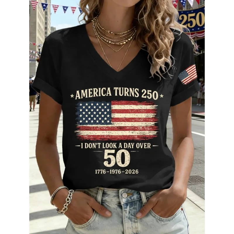 America National Flag Pattern Women's T-Shirts Casual V-neck Short Sleeve Tops Summer Loose Tops 250 Years Commemorate Clothing