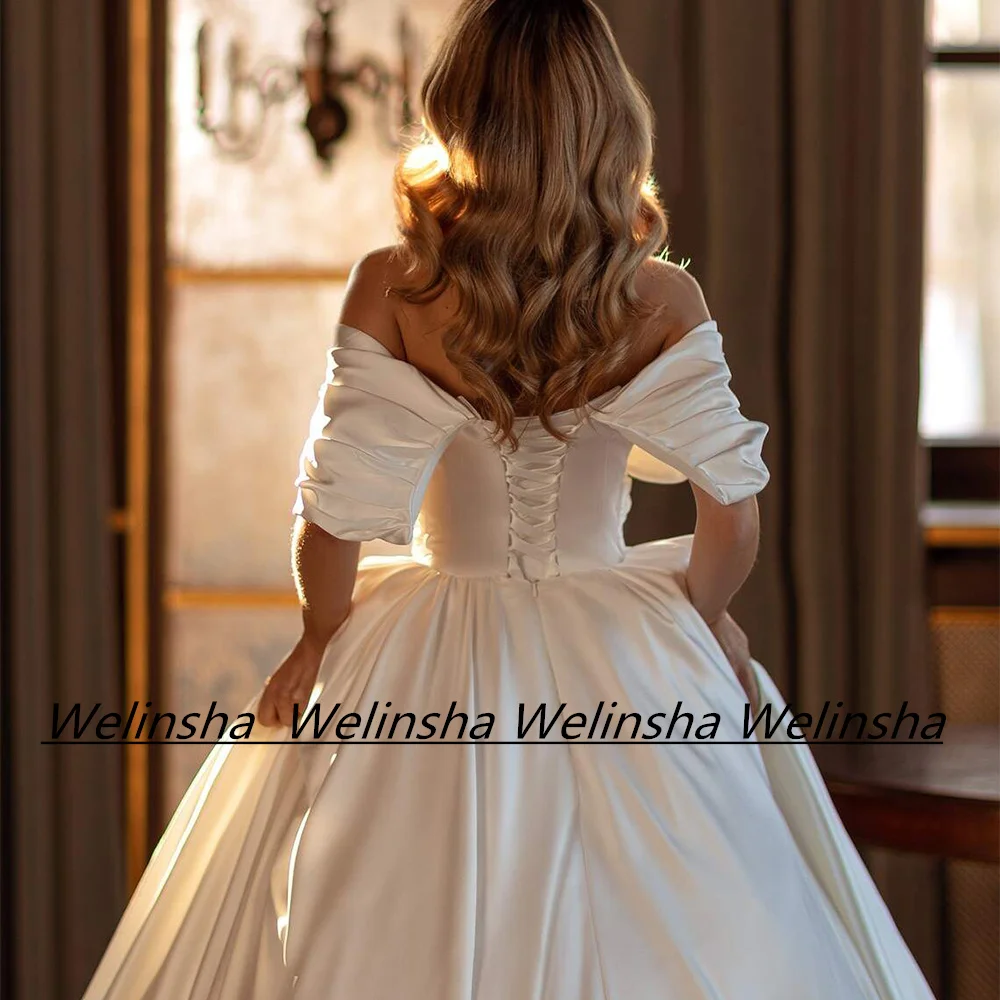 Modern Satin Wedding Dress Simple Off The Shoulder V Neck Ruched Pleat Sweep Train A Line Draped Corset Bridal Gown