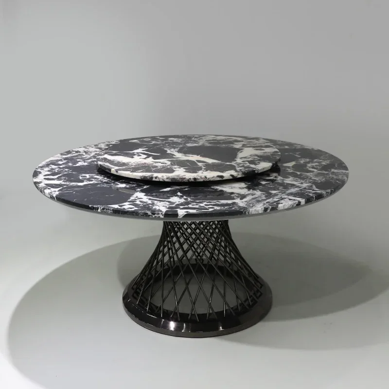 Black round dining table with turntable natural luxury stone marble dining table high-end large apartment household