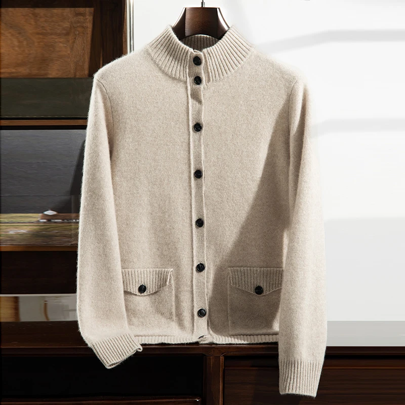 

Осень-зима, новая мужская одежда, кардиган с полувысоким воротником, 100% кашемировый вязаный свитер, повседневная деловая куртка с длинными рукавами, топы