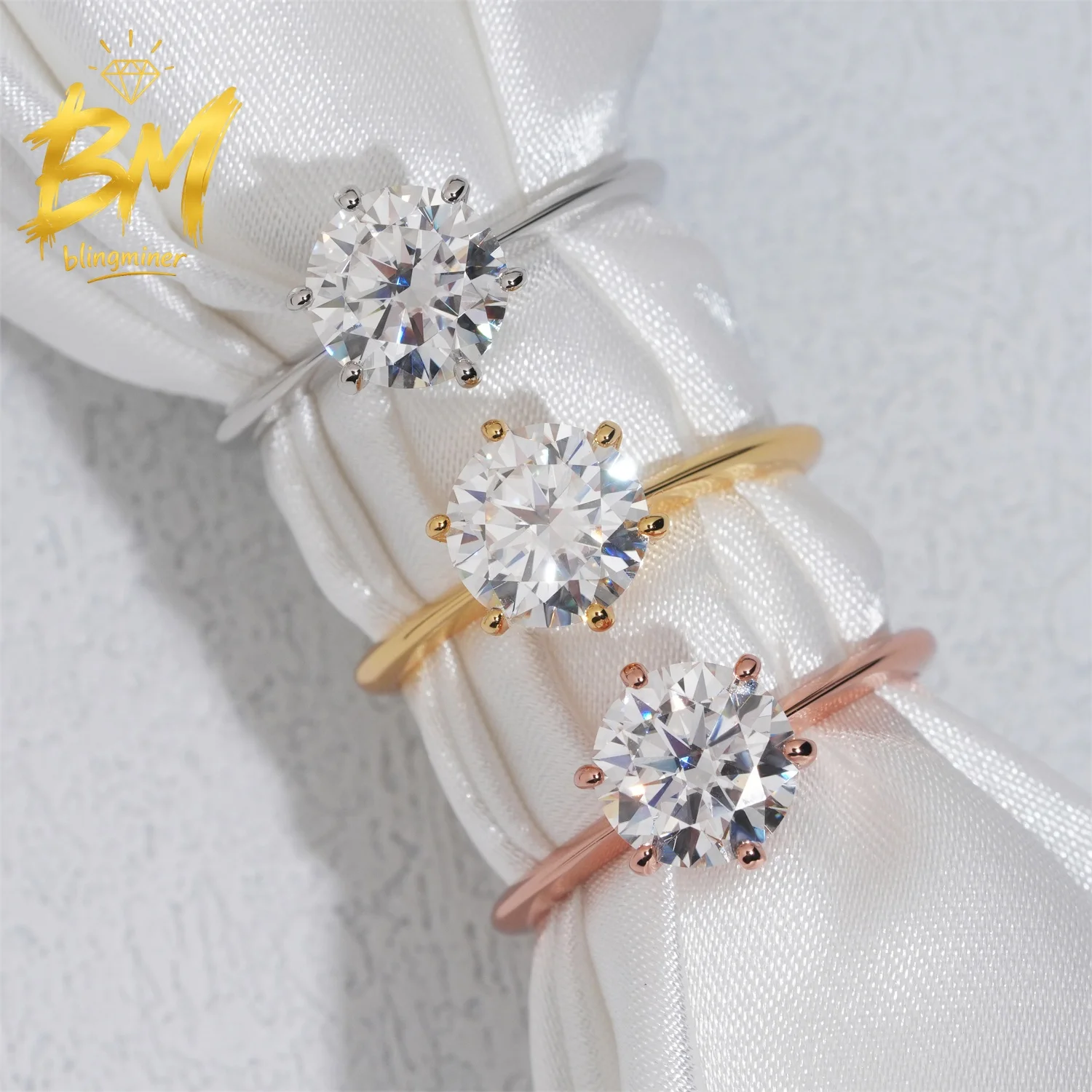 Blingminer 6 Prong Set 2ct Ruond S925 Silver VVS Moissanite Rings Engagement Wedding Women Finger Jewelry Pass Diamonds GRA