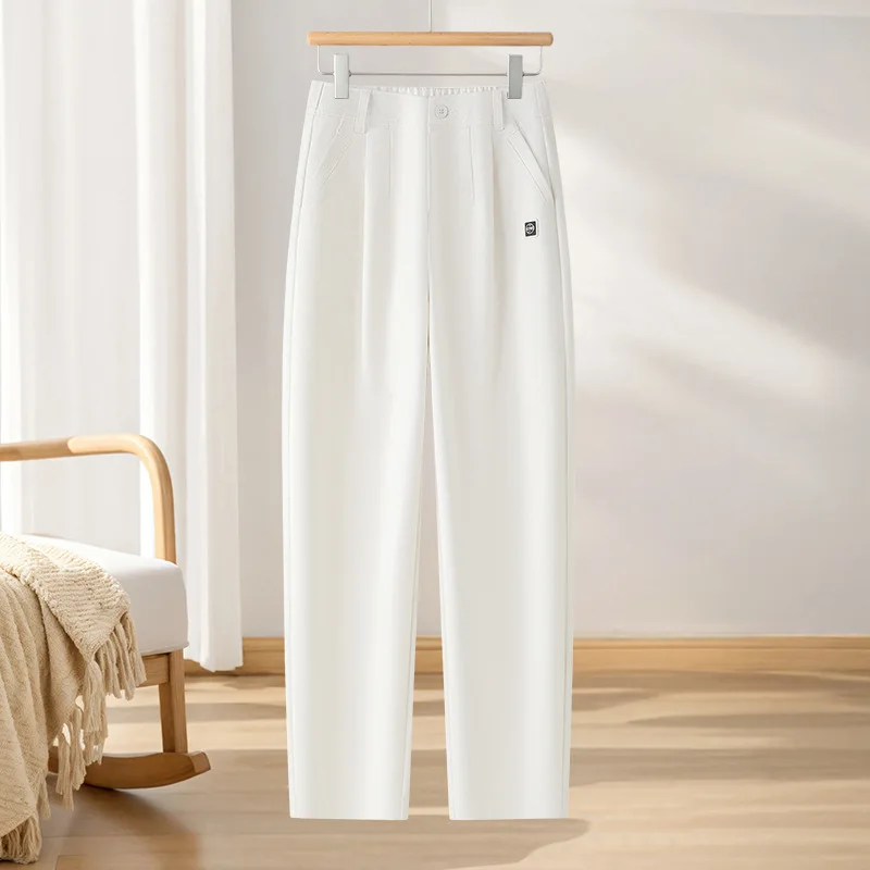 سراويل كاجوال نسائية باللون الأبيض الفاتح، سراويل حريم بطيات عالية الخصر للخريف الجديد، مقاسات آسيوية، سراويل مطاطية باللون الأزرق الداكن، S-XXXL.