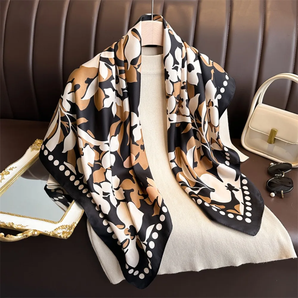 90CM New Design Floral Silk Scarf Luxury Elegant Women's Scarf Square Soft Women Shawl Headkerchief