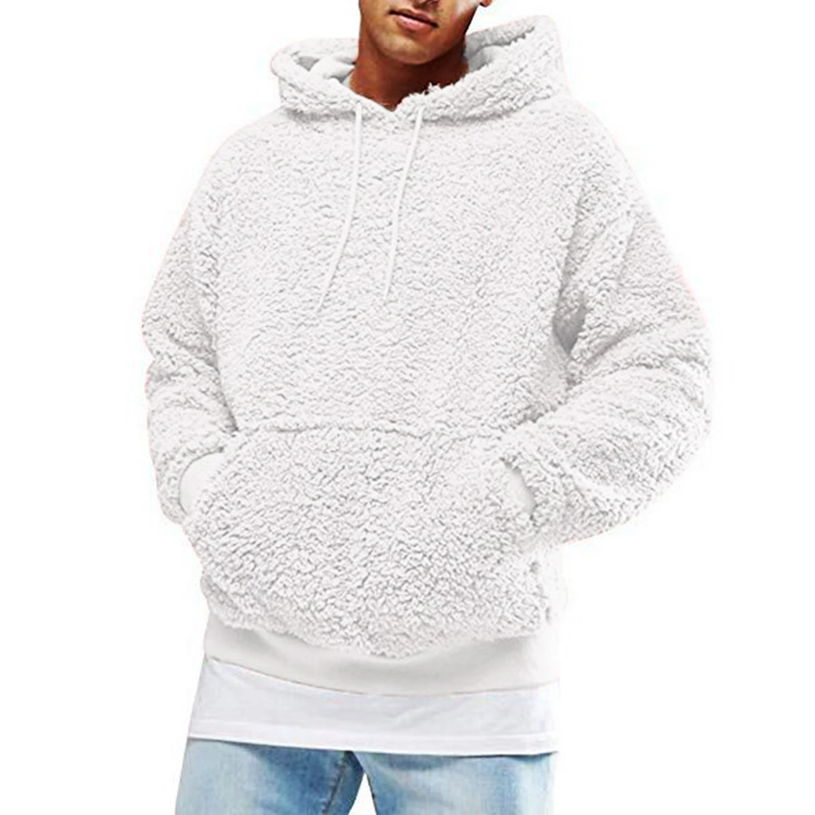 Autumn Winter Men\'s Sherpa Hoodie Fuzzy Pullover Winter Hoodie Polar Fleece Solid Color Hooded Long Sleeves Pullover Sweatshirt