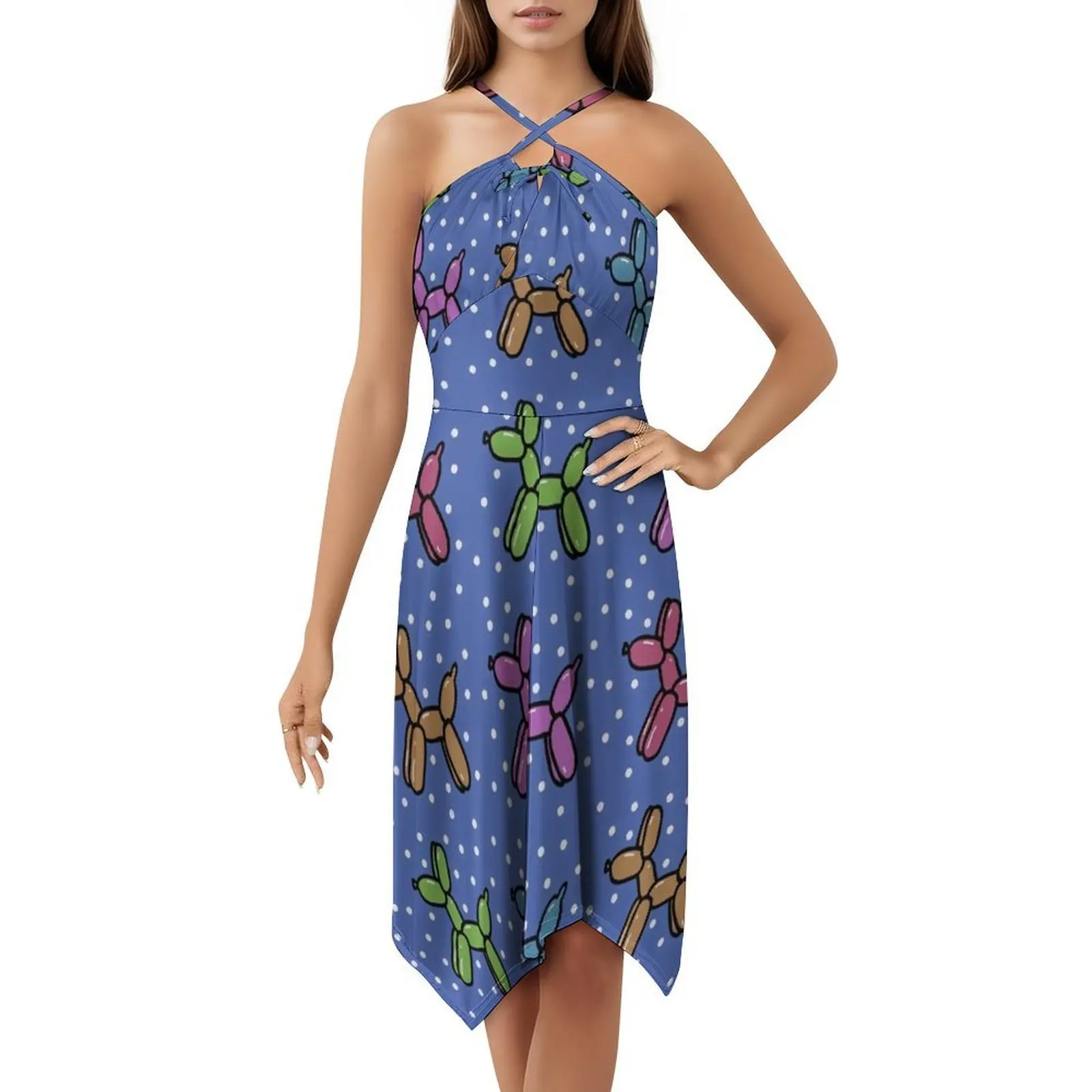 Balloon Dogs: فستان بوهيمي كتم الصوت متعدد الألوان بدون أكمام للنساء مطبوع عليه فساتين حفلات الشاطئ بالونات للكلاب بالونات #5
