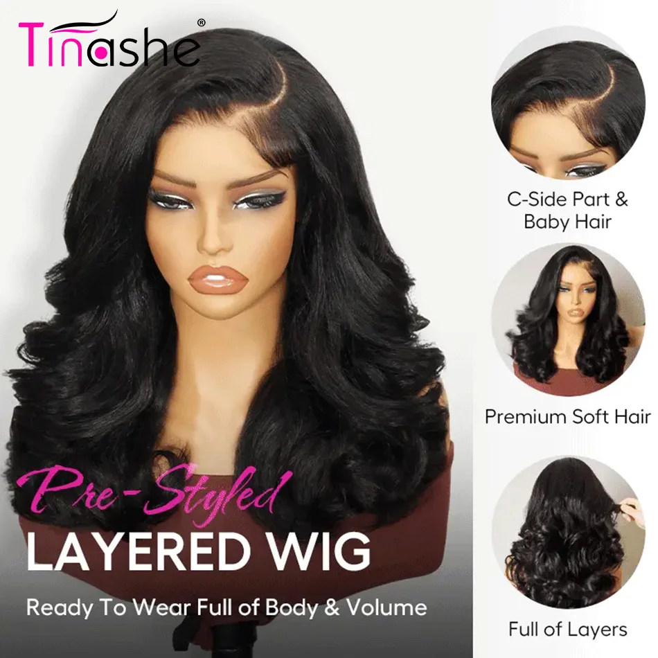 Tinashe Layered Cut Loose Wave Glueless Wig C-Side Part 6×5 HD Lace Closure Wig Natural Hairline With Baby Hair Pre Plucked&Bleached 100% Human Hair Wigs 250 Density Lace Wig