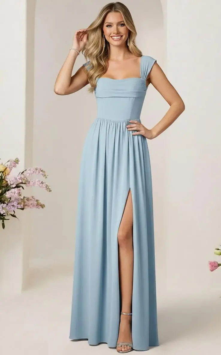 Long A Line Chiffon Bridesmaid Dresses Pleated Square Neck Split Evening Party Gown with Pockets Elegant Women for Wedding Party