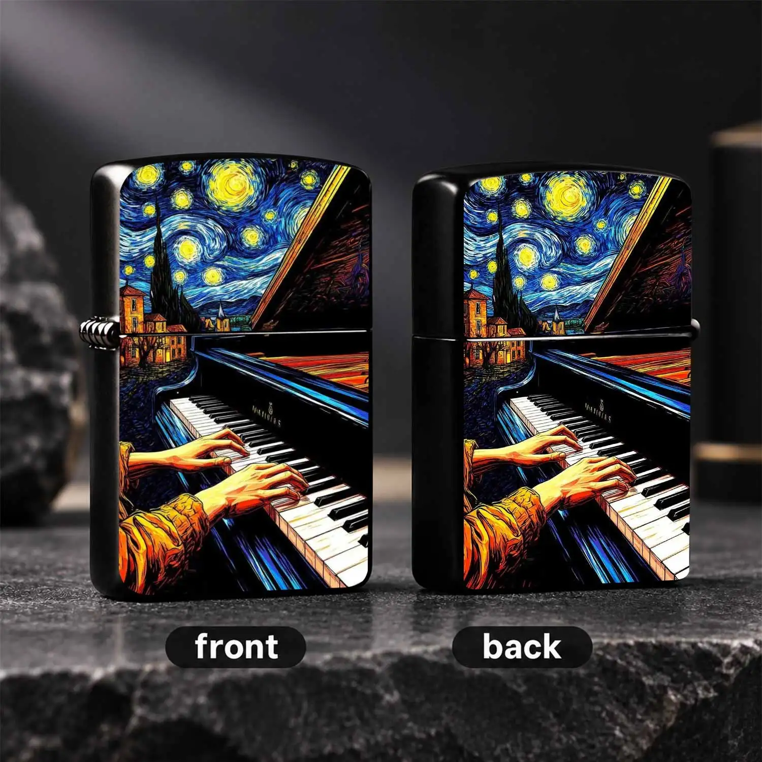 Creative Starry Night Piano Playing Print Lighter, Van Gogh Style Classic Artwork Romantic Performance Vibe Design, Exquisite Unique Portable Ignition Accessory, Perfect For Daily Gathering Outdoor Scenes, Ideal Distinctive Gift For Art Lov
