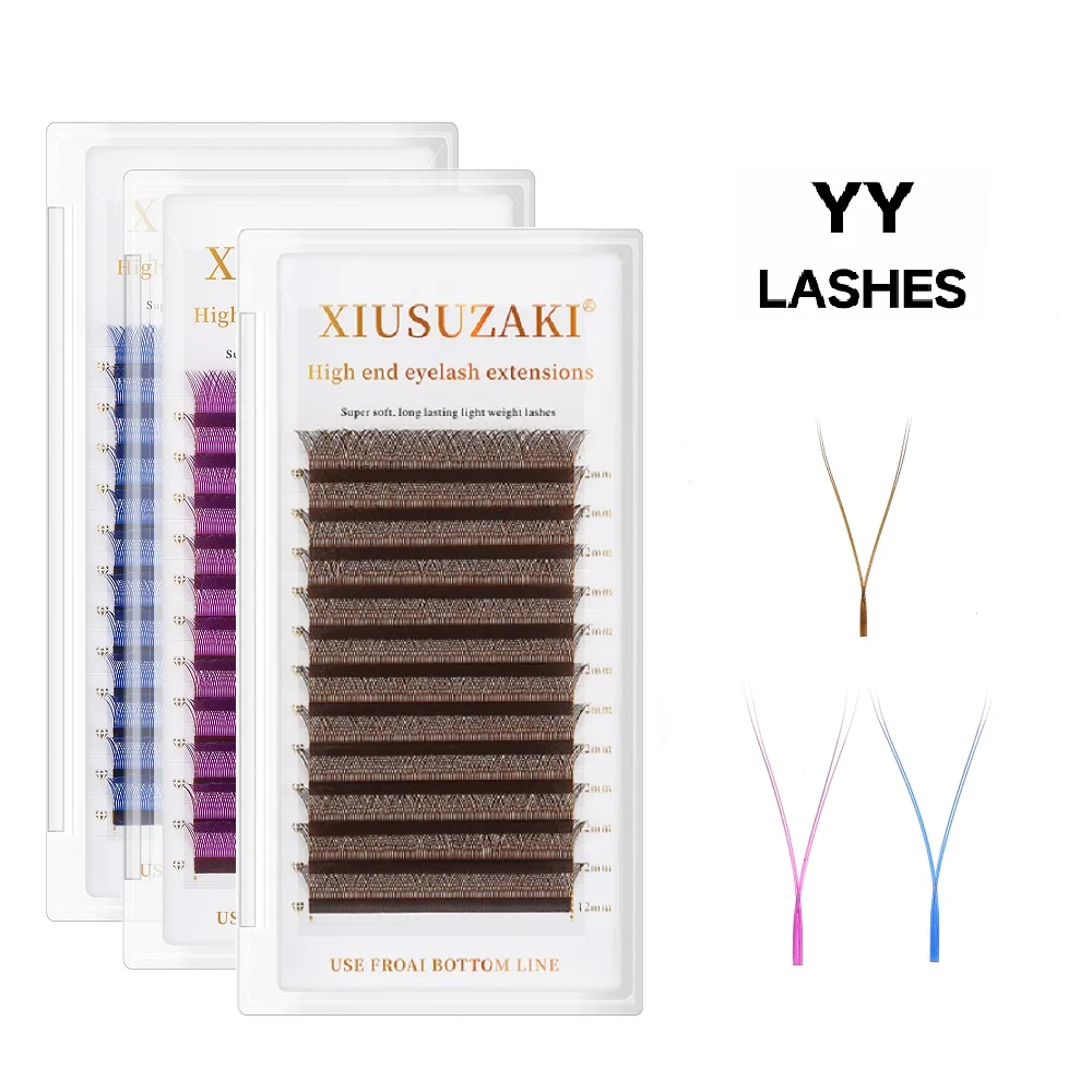 XIUSUZAKI Brown YY Shape Triple Tips Eyelash Extensions Supplies Blue Purple Waved Premade Volume YY Lashes Makeup Tools Shop