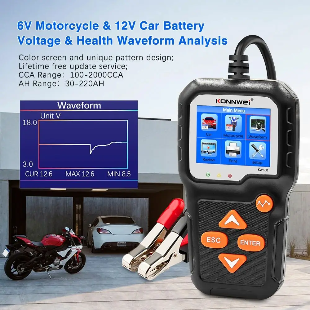 KONNWEI KW650 Car Motorcycle Battery Tester 6V 12V Auto Battery Analyzer 100 to 2000 CCA Car Moto Cranking Charging Test Tool