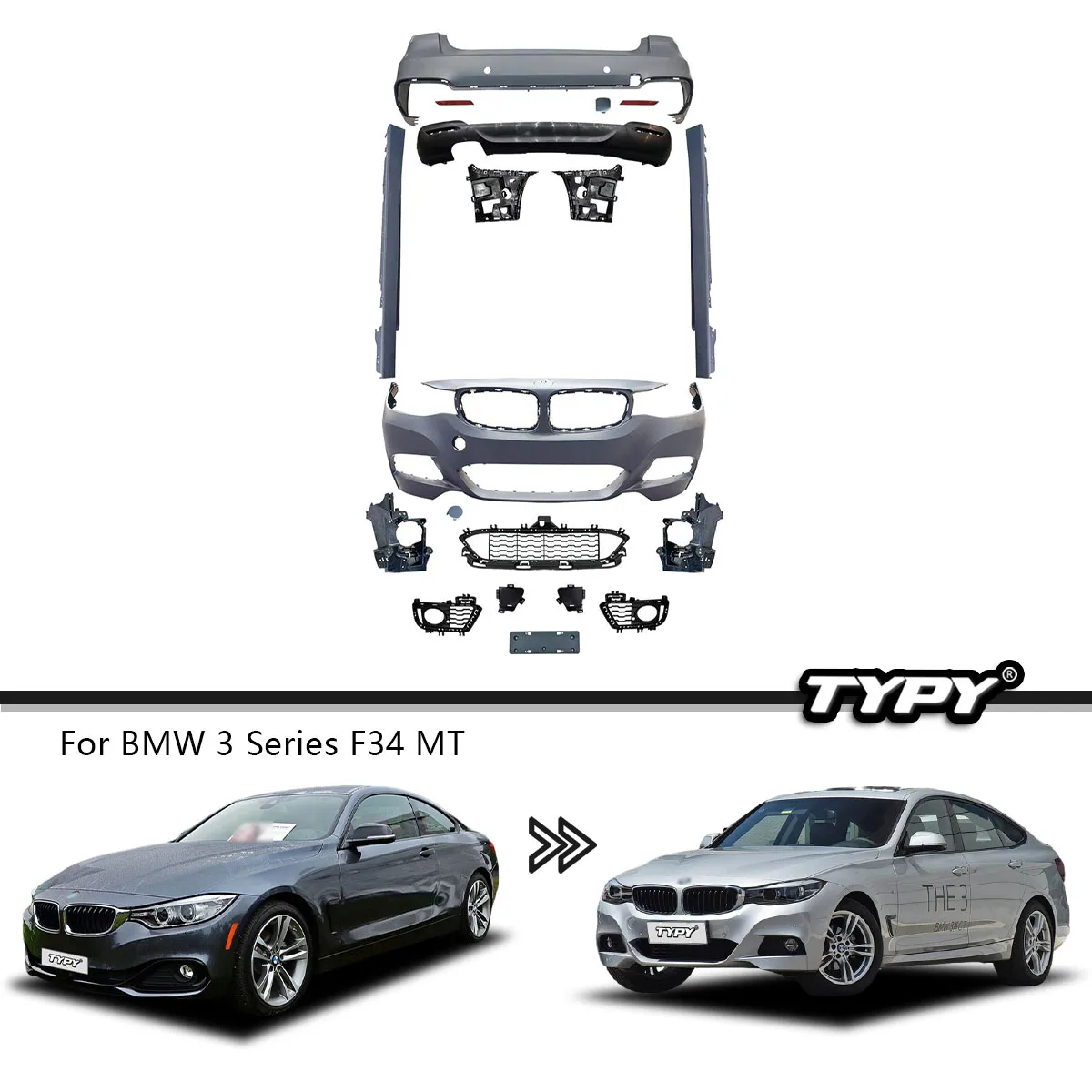 

Комплект кузова TYPY нового дизайна для BMW 3 серии F34 2013-2019, обновление в стиле M-Tech с передним и задним бампером, боковыми юбками крыльев