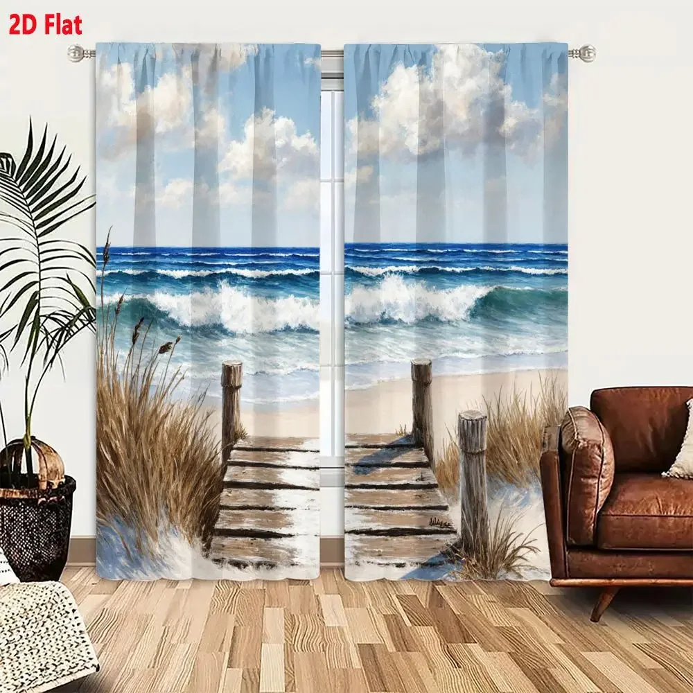 2PCS Digital Printed Curtains, Ocean Beach Seaside Coastal Tropical, Rod Pocket Window Drapes for Living Room Bedroom Decor