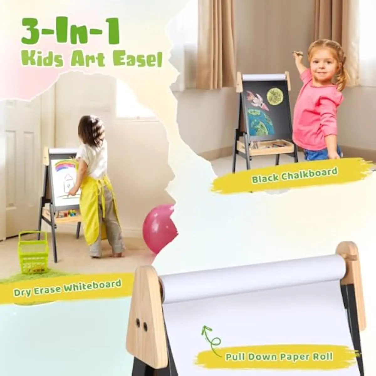 Double-Sided Wooden Art Station for Toddlers Aged 3 to 5 — Height-Adjustable Frame up to 79 cm, Integrated Pine Tray, Magnetic D