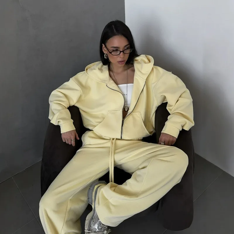 New Two-piece Casual Suit for Cross-border Trade Women's Clothing Featuring Zippered Hooded Sporty Cardigan and Lace-up Trousers