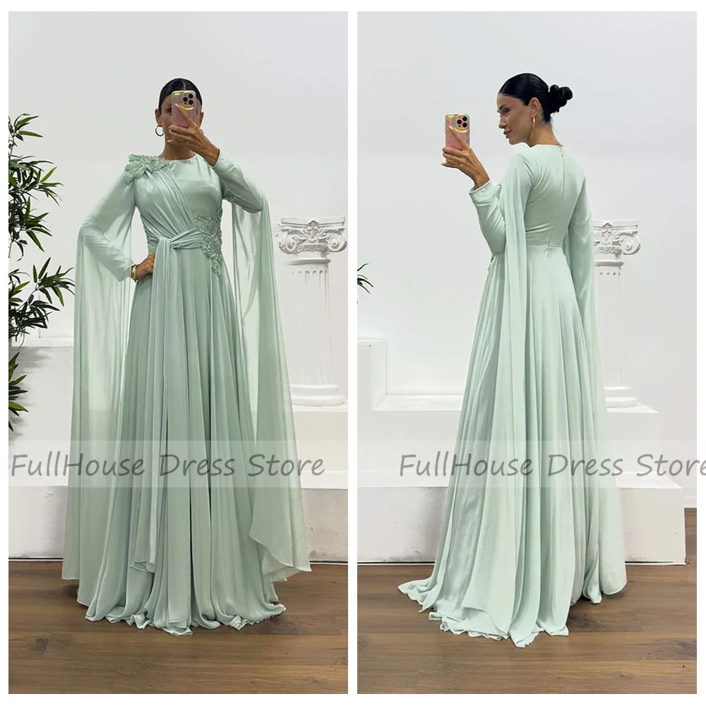 

Custom Made O-neck Tiered Pleated Draped A-line Long Sleeve Floral Lace Floor Length Backless Evening Dress with Trainشارون