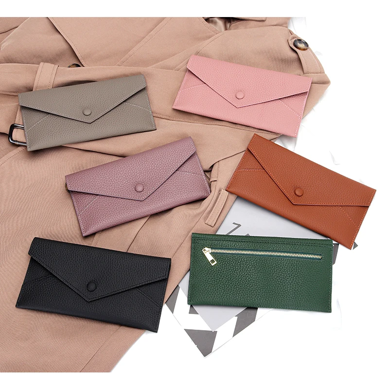 Carteras de piel auténtica para mujer, cartera de mano con estilo tipo sobre ultrafino, estilo largo para teléfono móvil, novedad de 2024