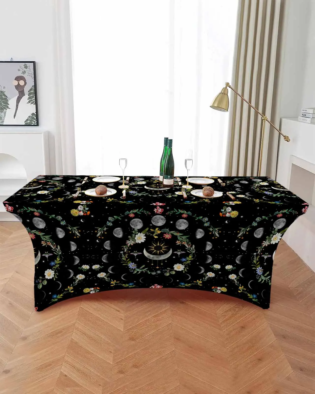 Lunar Flowers Plants Retro Stars Black Rectangular Elastic Table Skirt Wedding Table Cover Kitchen Dining Table Tablecloth