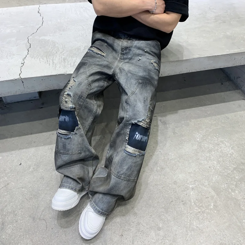 

Новые мужские джинсы 2026 года в стиле High Street: ретро, винтаж, пэчворк, рваные, американский стиль, высококачественные, с изогнутым широким кроем, из денима