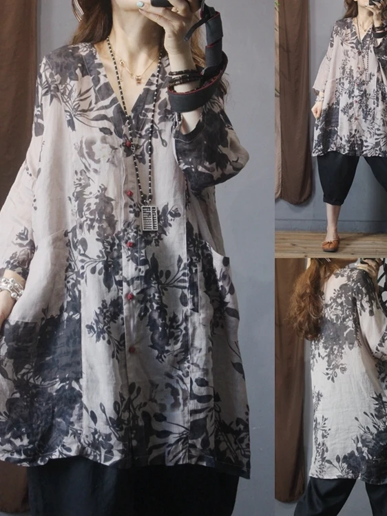 Artistic Water-Mark Print Loose-Fit Midi Open-irt Top Sun-Protective -Silk Blend V-Ne Button-Up Women's irt