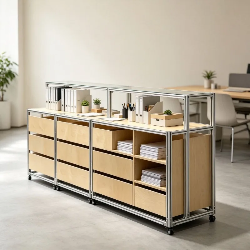 Industrial modular office file low cabinet, aluminum profile frame with wheel glass display, multi-drawer storage cabinet