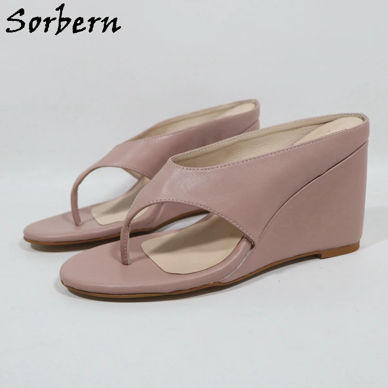 Sorbern Blush Pink Women Slippers Flip Flop 10Cm Wedge High Heel Summer Shoes Large Size 32Cm Feet Length