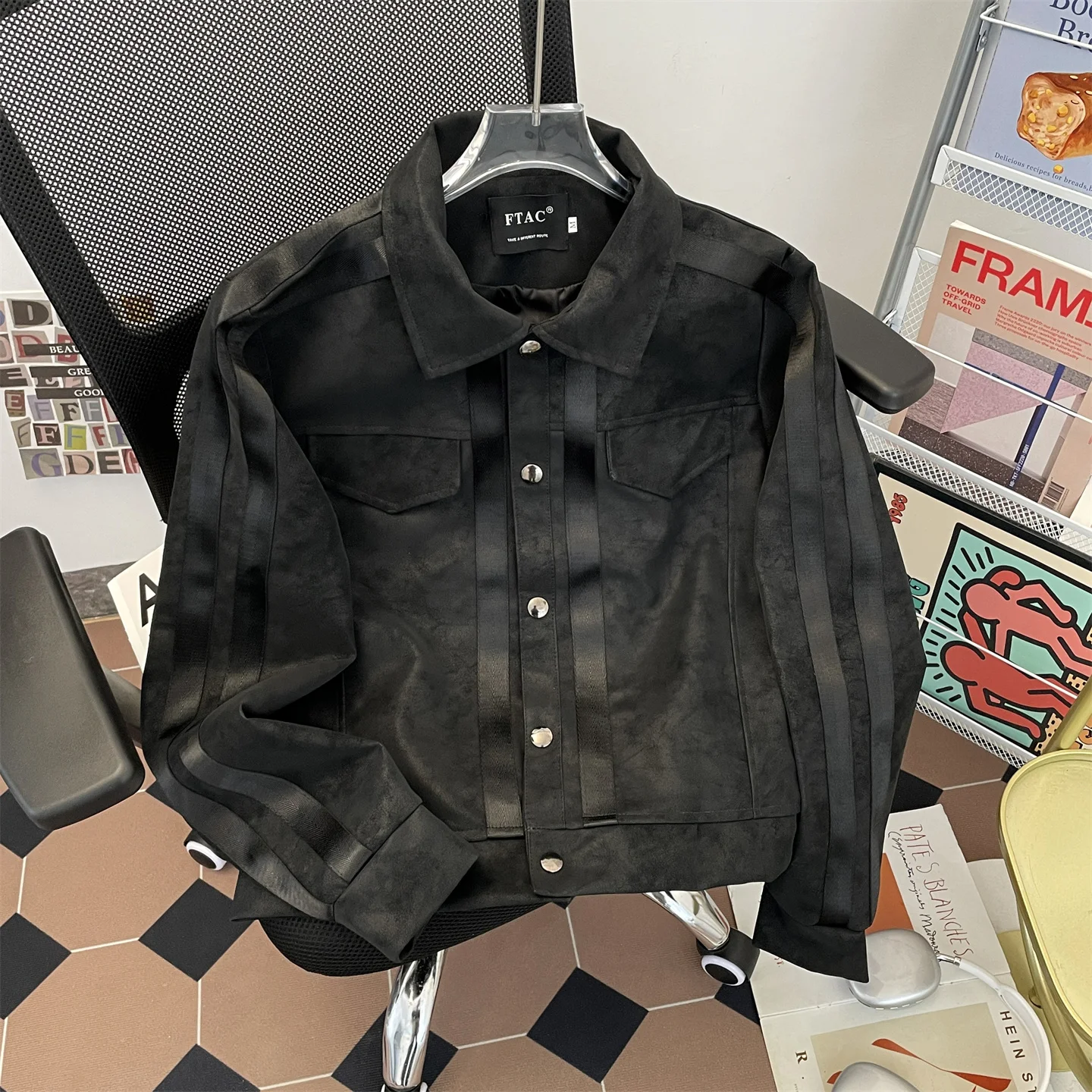 Black Short Wide Fit Leather Jacket Men's Street American Design CleanFit Hip Hop Top Casual Style Spring Season Fashion