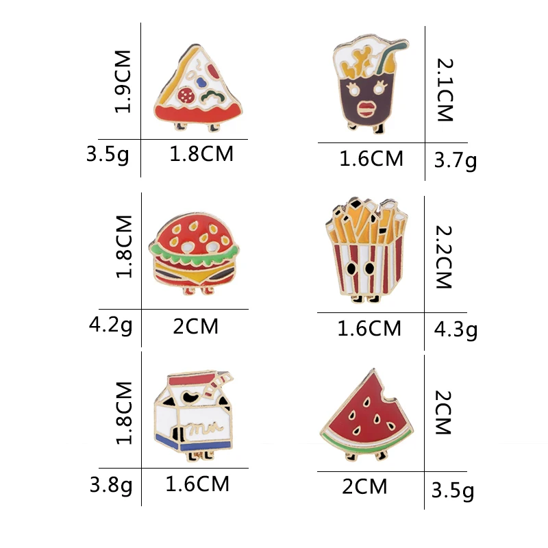 6 Styles Classic Burger Fast Food Design Enamel Brooches Golden Hamburger Milk Cake Pizza Fries Watermelon Shaped Pins