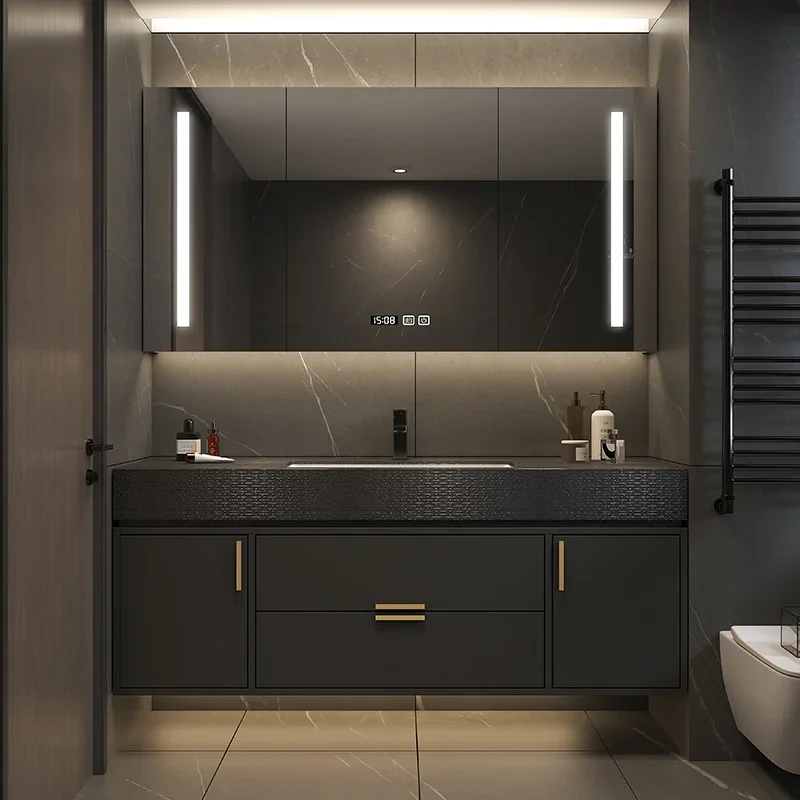 Customized Rock Panel Bathroom Cabinet Integrated Basin, Solid Wood Ceramic Basin Combination