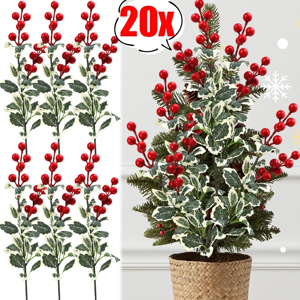 Christmas Red Berry Branch Articifial Holly Berry Green Leave DIY Wreath Xmas Tree Ornament Christmas New Year Party Decoration