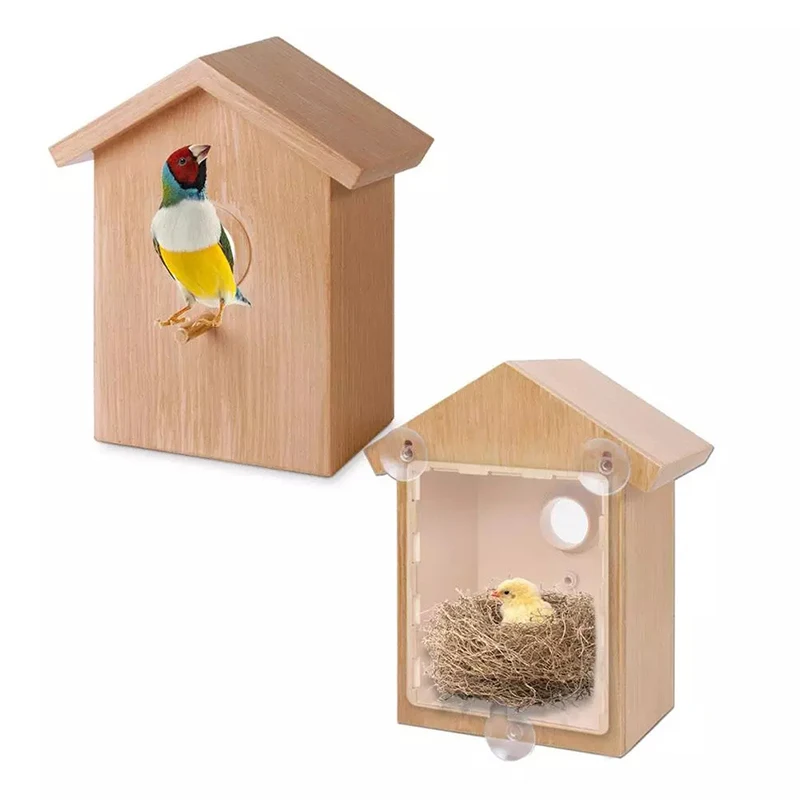 Blue Birds House Wood Window Birdhouse Weatherproof Bird Nest Designed with Perch Transparent Rear for Easy Watch