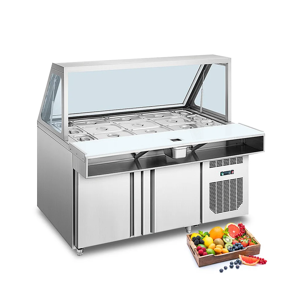 

Stainless Steel Commercial Restaurant Refrigerated Salad bar Display Copper Tube Fridge Chiller Cooling Cabinet Cutting Board