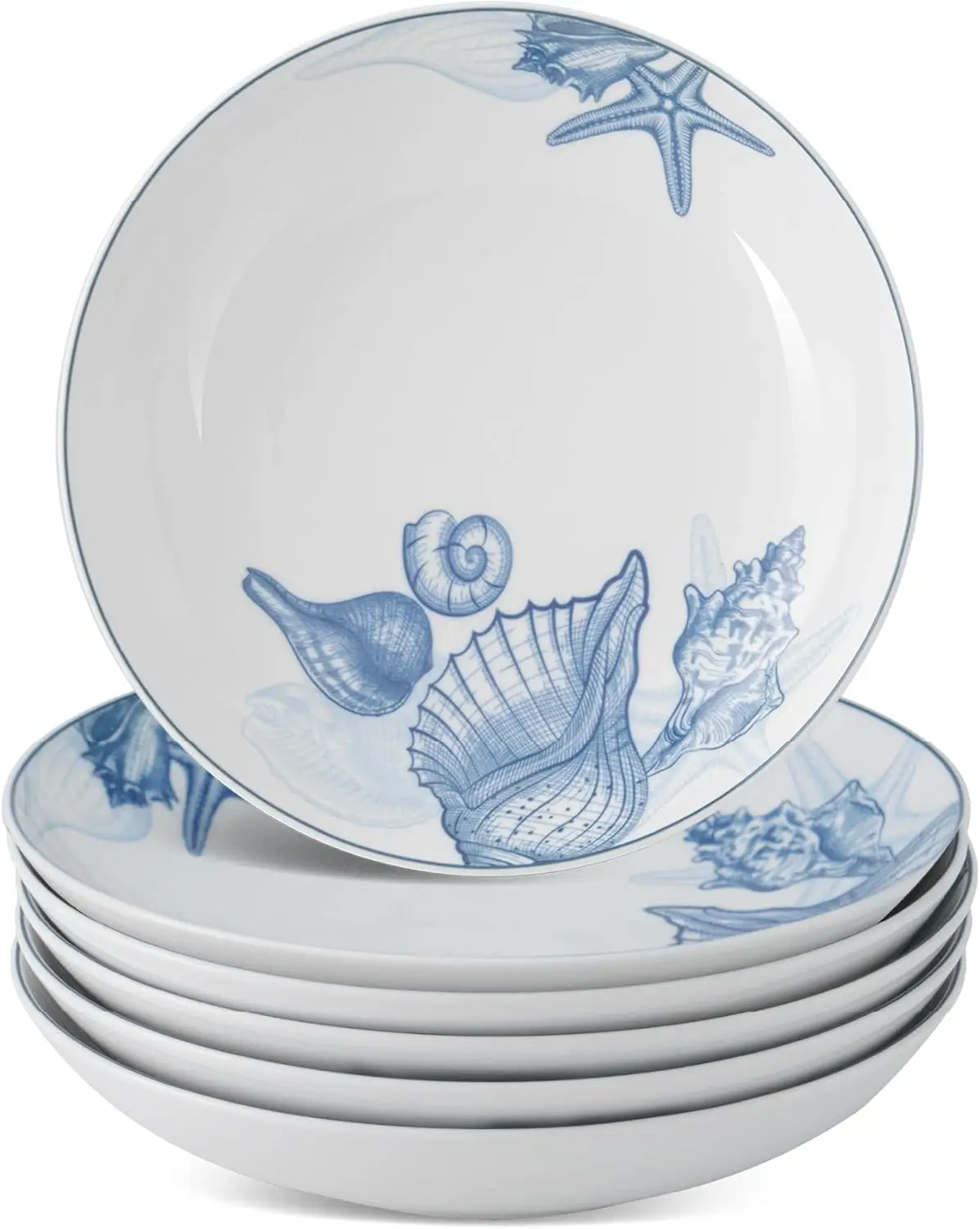

Porcelain Plates Set of 6, Blue and White Dinner Plate,9 Inch Deep Salad Dishes Set,Coastal and Nautical Dessert Plates Ceramic,