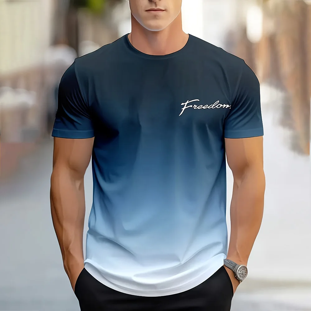 Fashion Men's Gradient Color T-Shirt 2024 Oversized Casual Short Sleeve Clothes Outdoor Breathable Loose Sports T Shirt Menswear