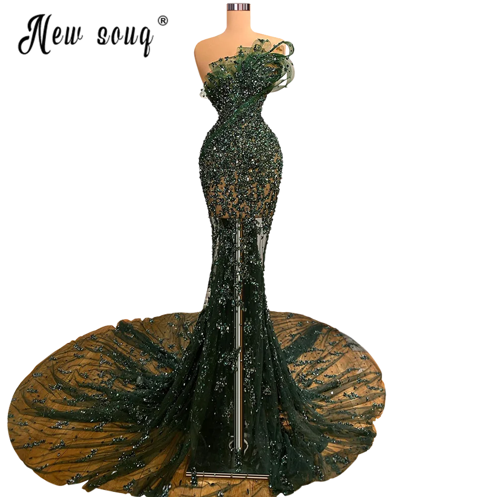 Nieuwe Green Elegant Mermaid Sexy Off Schouder Mermaid Avond Dresse Toga Luxe Kralen Veren 2023 Vrouwen Party Gewaden