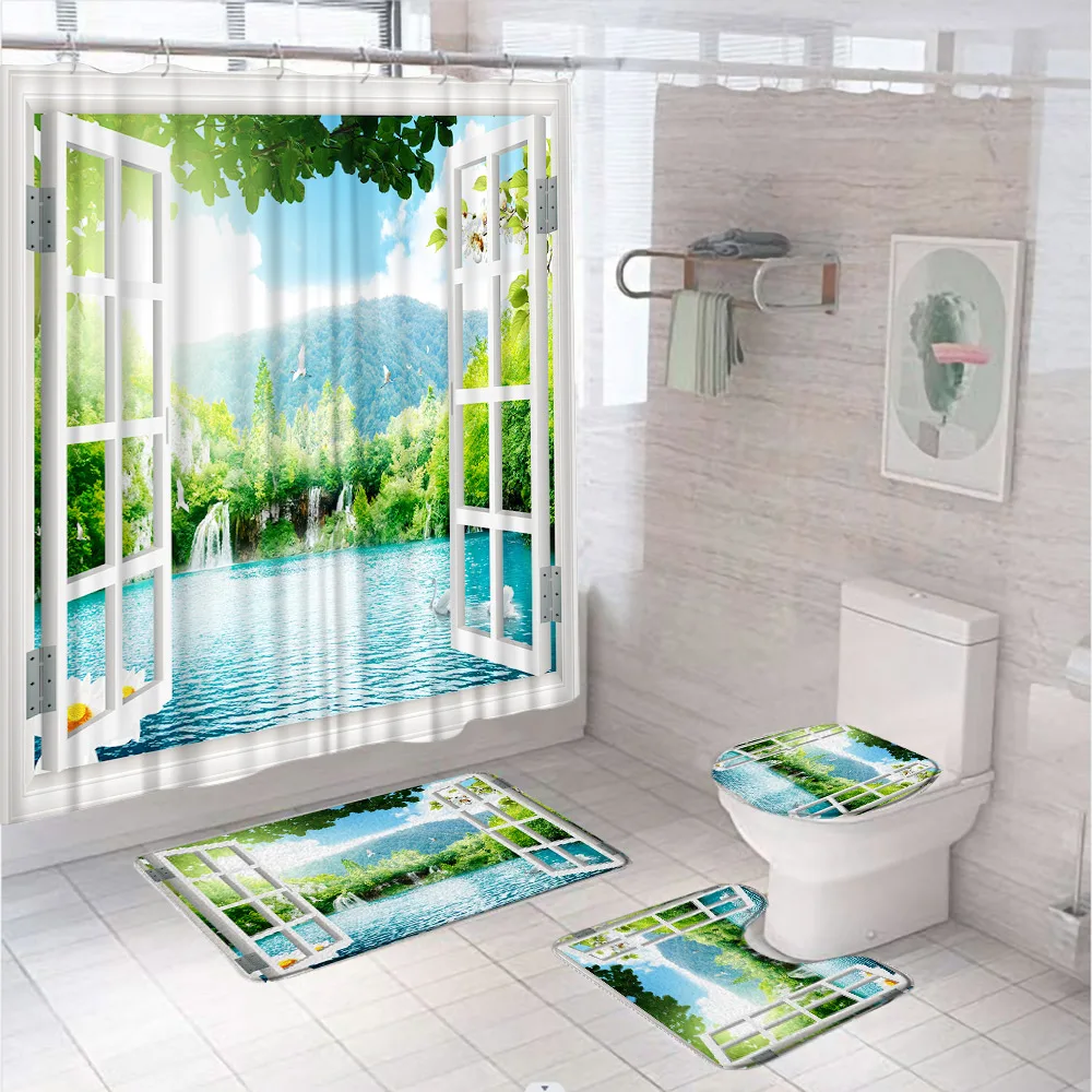 Window Beach Shower Curtain Set Blue Ocean Hawaiian Natural Scenery Seagull Bathroom Curtains Non-Slip Bath Mat Rug Toilet Cover