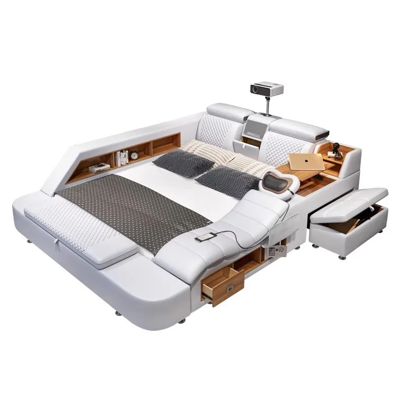 

Massage Projector Leather Bed Master Bedroom Double Queen Bed Nordic Couple Electric Deluxe Bed