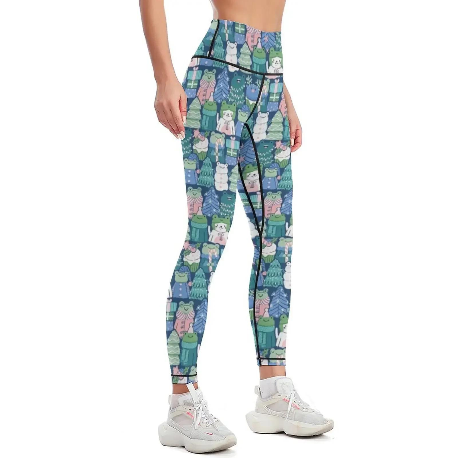 Merry Christmas amphibians. Frogs. Snowman, deer cupcake, holiday tree and a cat in a hat. Leggings